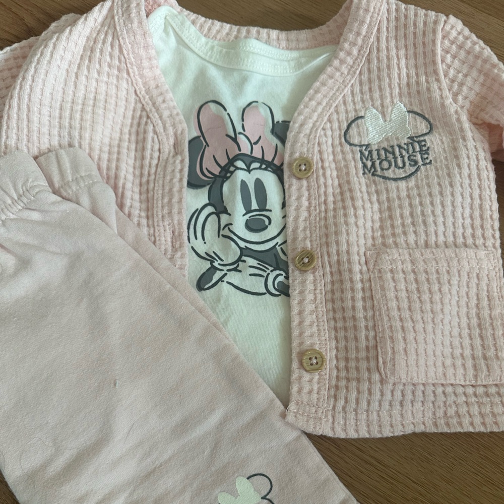 3pc Baby Girl Disney Minnie Mouse Pink Textured Cardigan Set